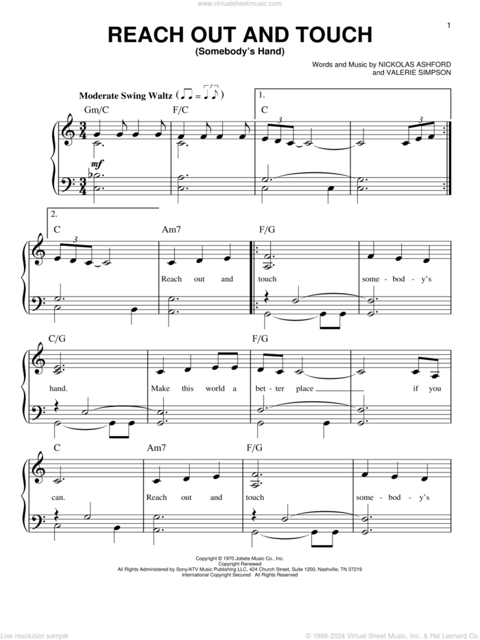 Reach Out And Touch (Somebody's Hand) sheet music for piano solo by Diana Ross, Nickolas Ashford and Valerie Simpson, easy skill level