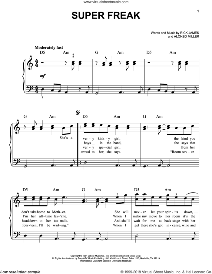 Super Freak sheet music for piano solo by Rick James and Alonzo Miller, beginner skill level