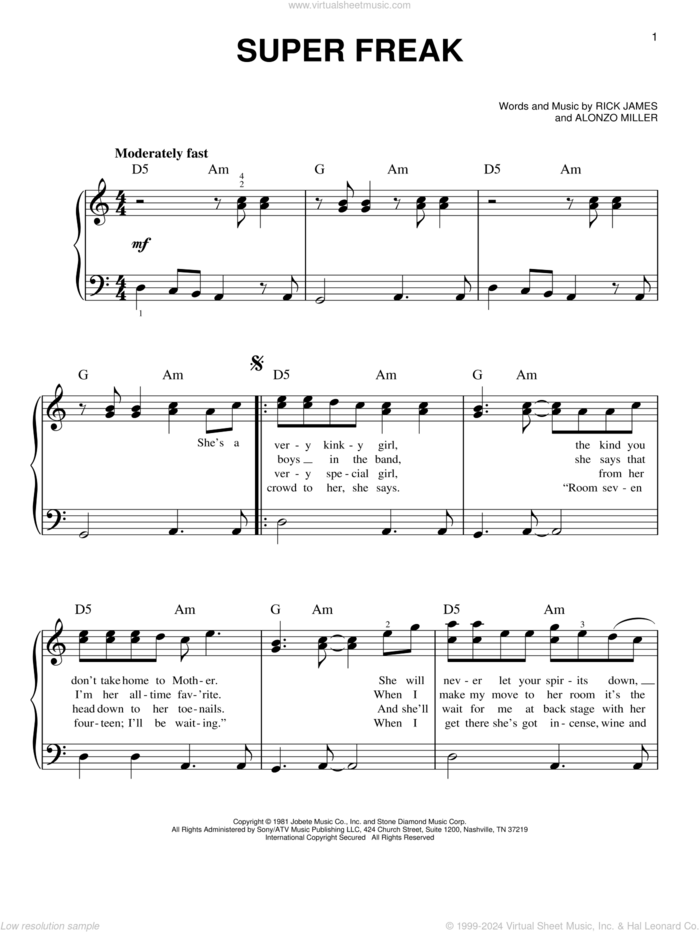 Super Freak sheet music for piano solo by Rick James and Alonzo Miller, beginner skill level