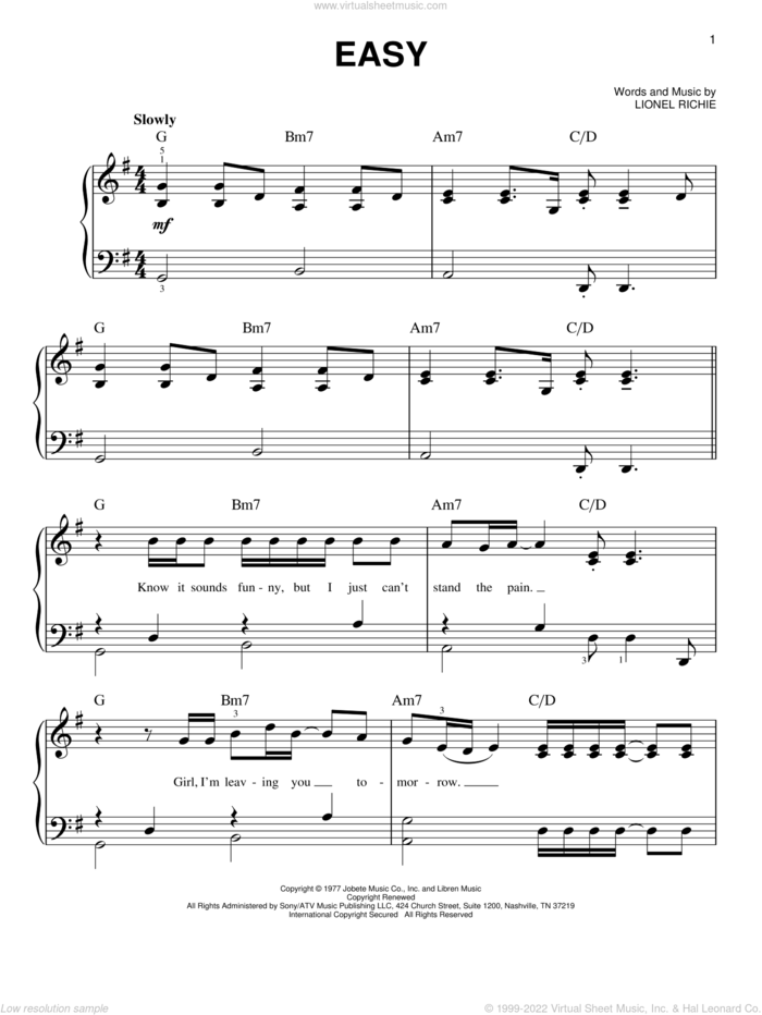 Easy sheet music for piano solo by The Commodores and Lionel Richie, easy skill level