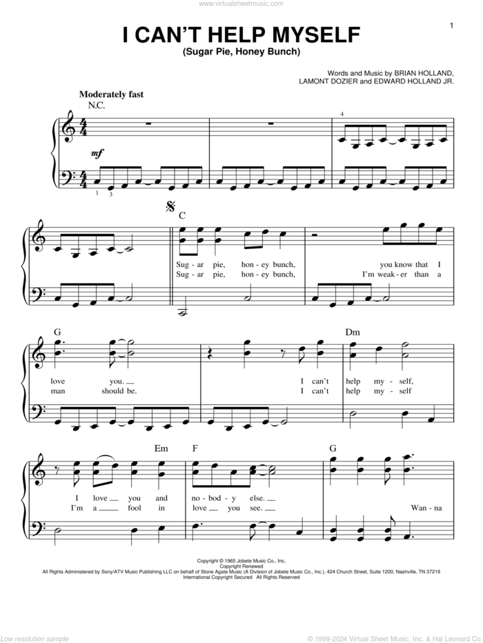 I Can't Help Myself (Sugar Pie, Honey Bunch) sheet music for piano solo by The Four Tops, Brian Holland, Edward Holland Jr. and Lamont Dozier, beginner skill level