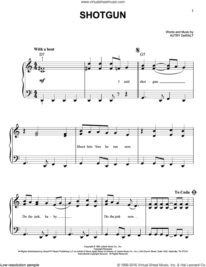Shotgun sheet music for piano solo by Junior Walker & the All-Stars, Vanilla Fudge and Autry DeWalt, easy skill level