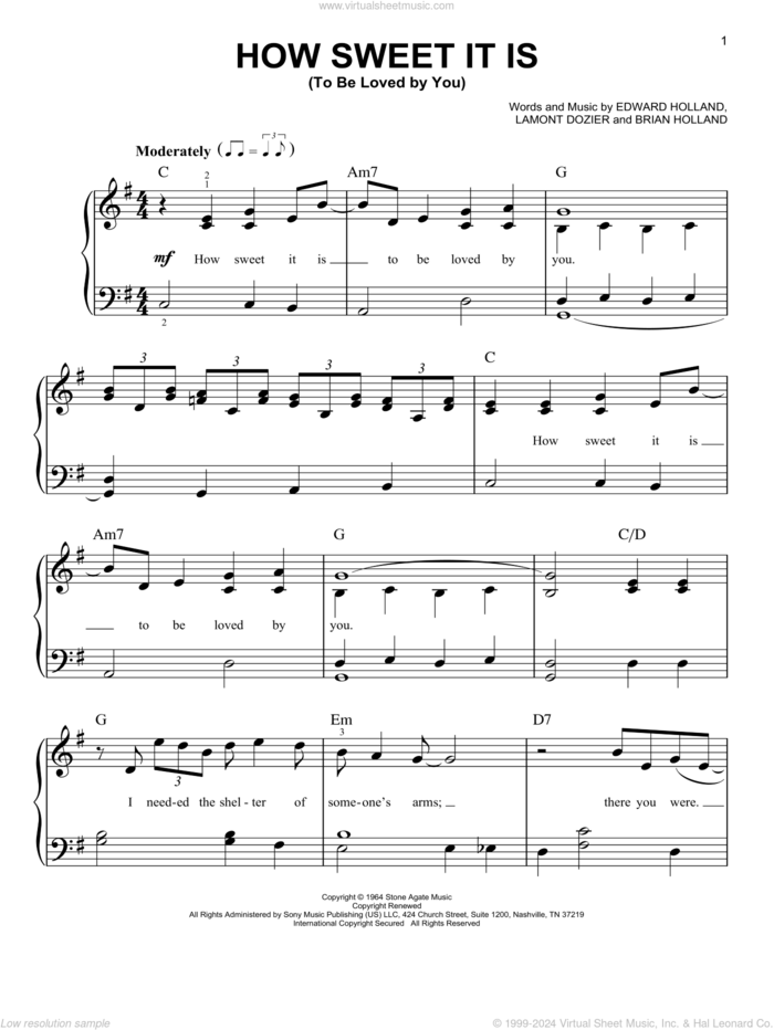 How Sweet It Is (To Be Loved By You), (beginner) sheet music for piano solo by Marvin Gaye, James Taylor, Brian Holland, Eddie Holland and Lamont Dozier, beginner skill level