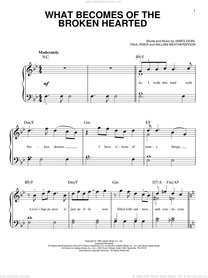What Becomes Of The Broken Hearted sheet music for piano solo by Jimmy Ruffin, Paul Young, James Dean, Paul Riser and William Weatherspoon, easy skill level