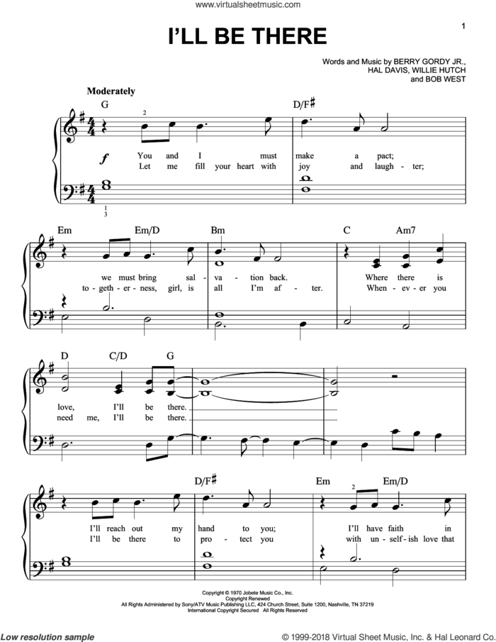 I'll Be There sheet music for piano solo by The Jackson 5, Berry Gordy Jr., Bob West, Hal Davis and Willie Hutch, beginner skill level
