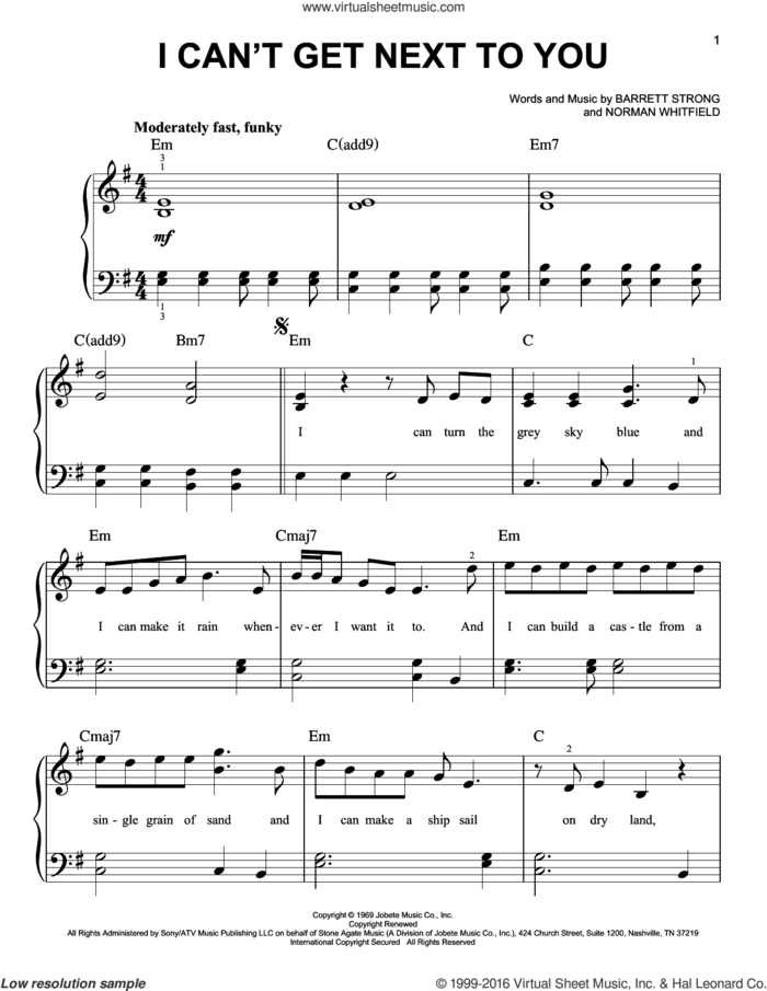 I Can't Get Next To You sheet music for piano solo by The Temptations, Barrett Strong and Norman Whitfield, easy skill level