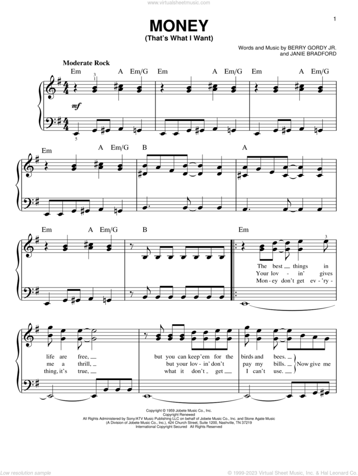 Money (That's What I Want) sheet music for piano solo by Barrett Strong, The Beatles, Berry Gordy Jr. and Janie Bradford, easy skill level