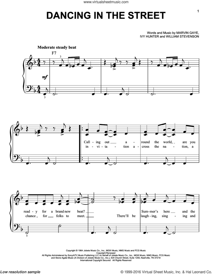 Dancing In The Street sheet music for piano solo by Martha & The Vandellas, Ivy Hunter, Marvin Gaye and William Stevenson, easy skill level