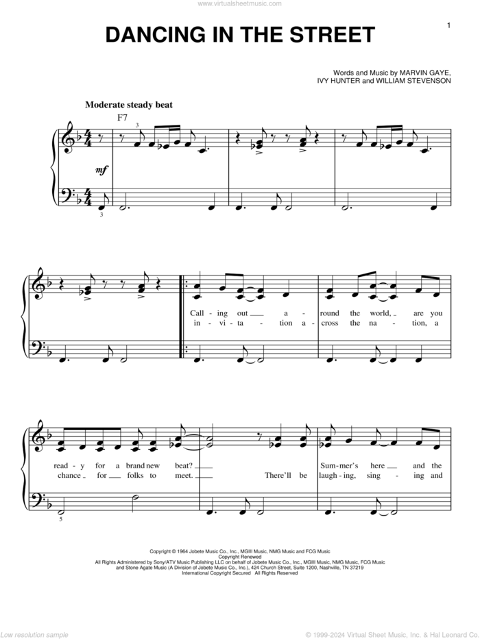 Dancing In The Street sheet music for piano solo by Martha & The Vandellas, Ivy Hunter, Marvin Gaye and William Stevenson, easy skill level