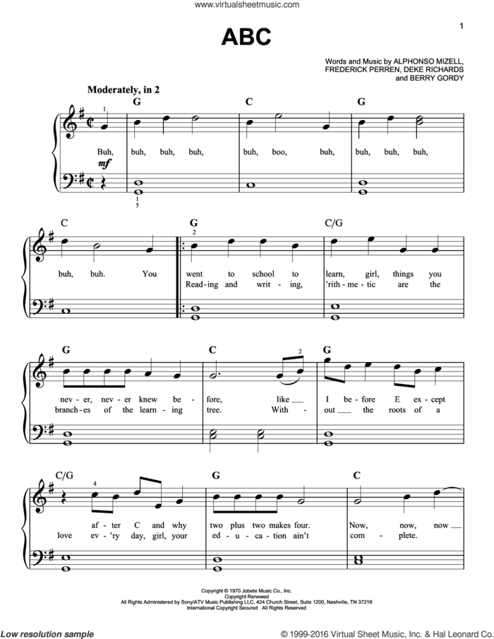 ABC sheet music for piano solo by The Jackson 5, Alphonso Mizell, Berry Gordy, Deke Richards and Frederick Perren, easy skill level