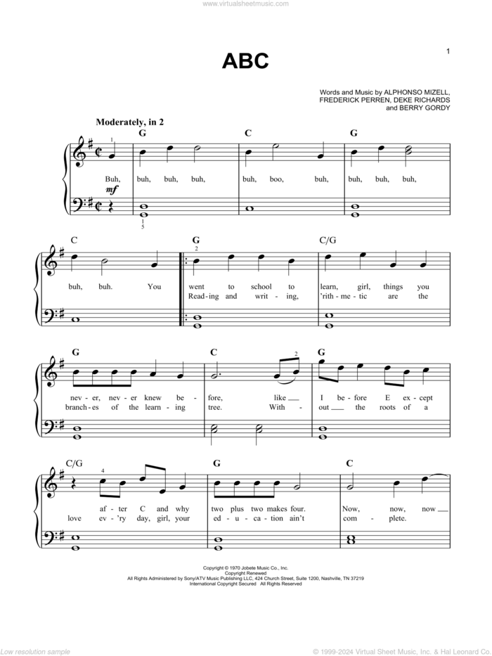 ABC, (easy) sheet music for piano solo by The Jackson 5, Alphonso Mizell, Berry Gordy, Deke Richards and Frederick Perren, easy skill level