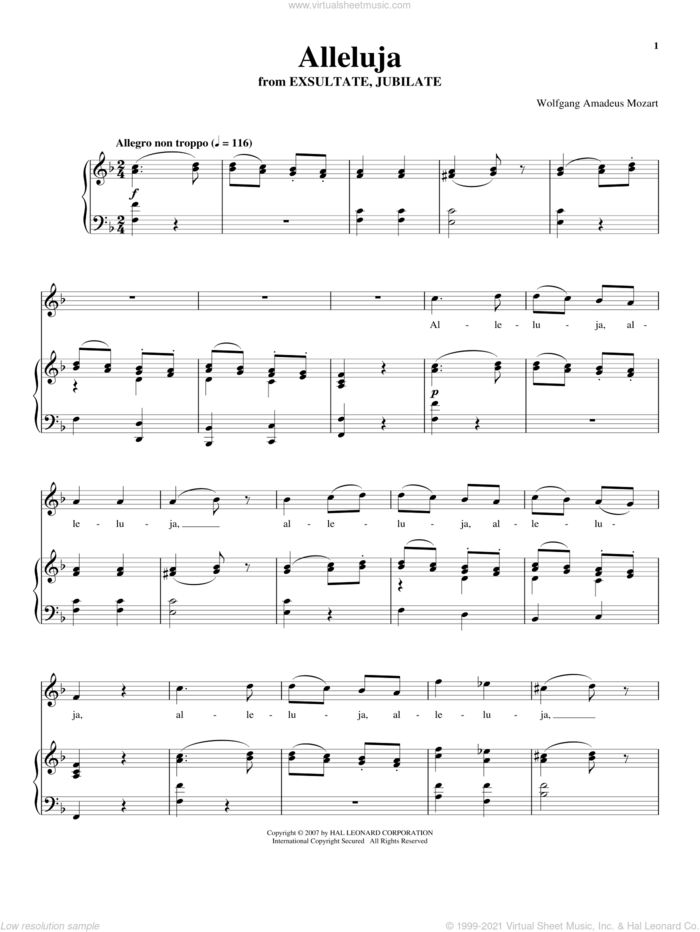 Alleluia sheet music for voice and piano by Wolfgang Amadeus Mozart and Richard Walters, classical wedding score, intermediate skill level