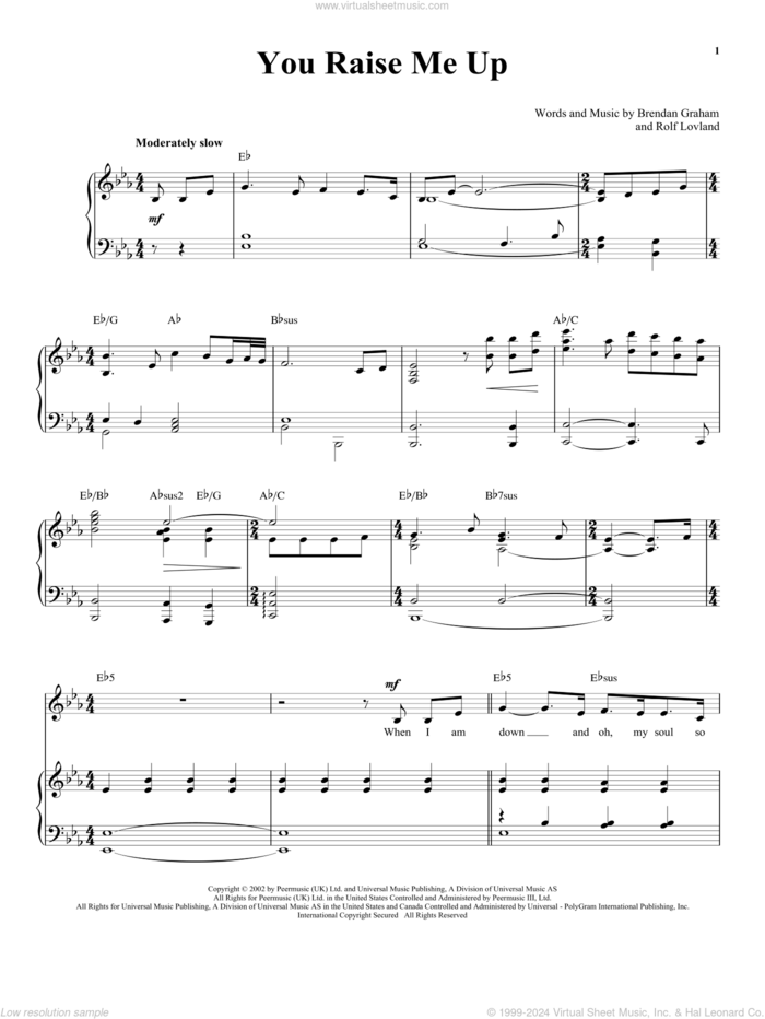 You Raise Me Up sheet music for voice and piano by Josh Groban, Richard Walters, Secret Garden, Brendan Graham and Rolf Lovland, wedding score, intermediate skill level