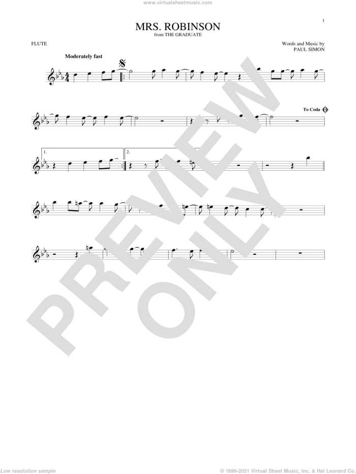 Mrs. Robinson sheet music for flute solo by Simon & Garfunkel and Paul Simon, intermediate skill level
