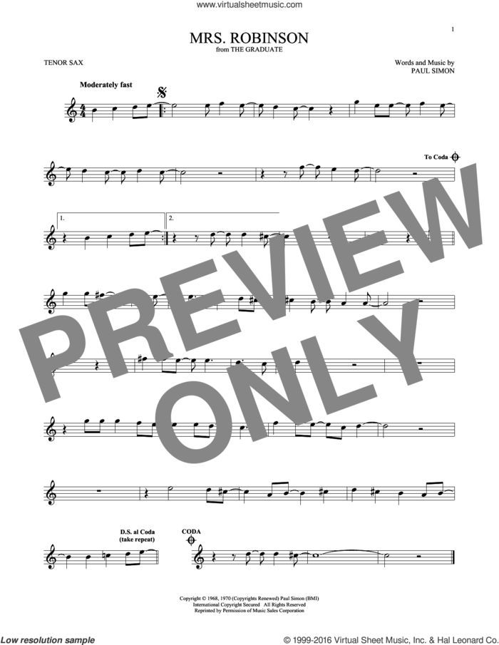 Mrs. Robinson sheet music for tenor saxophone solo by Simon & Garfunkel and Paul Simon, intermediate skill level