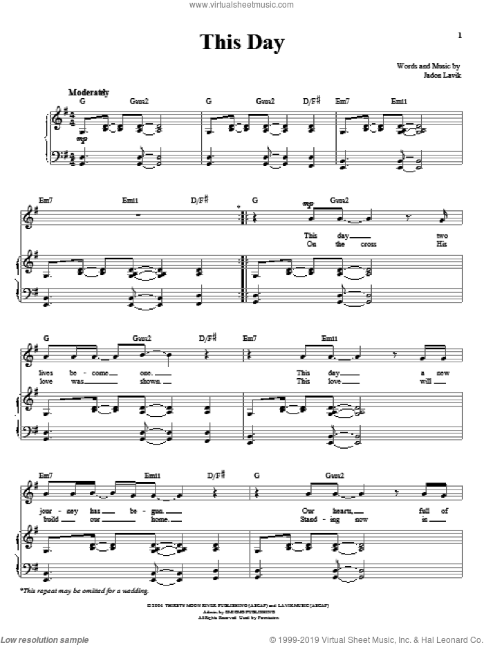 This Day sheet music for voice and piano by Jadon Lavik and Richard Walters, wedding score, intermediate skill level