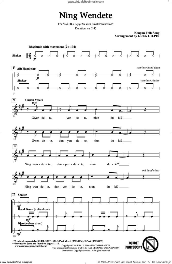 Ning Wendete sheet music for choir (SATB: soprano, alto, tenor, bass) by Kenyan Folk Song and Greg Gilpin, intermediate skill level