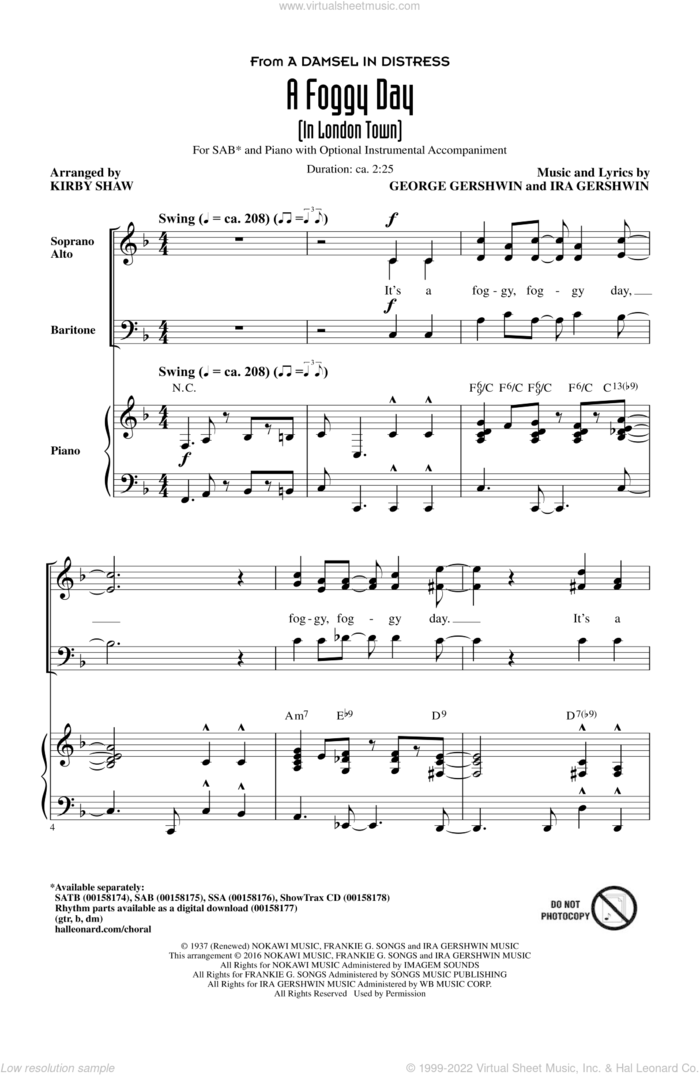 A Foggy Day (In London Town) sheet music for choir (SAB: soprano, alto, bass) by George Gershwin, Kirby Shaw and Ira Gershwin, intermediate skill level