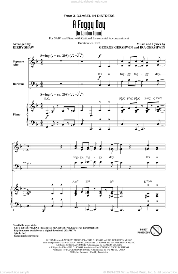 A Foggy Day (In London Town) sheet music for choir (SAB: soprano, alto, bass) by George Gershwin, Kirby Shaw and Ira Gershwin, intermediate skill level