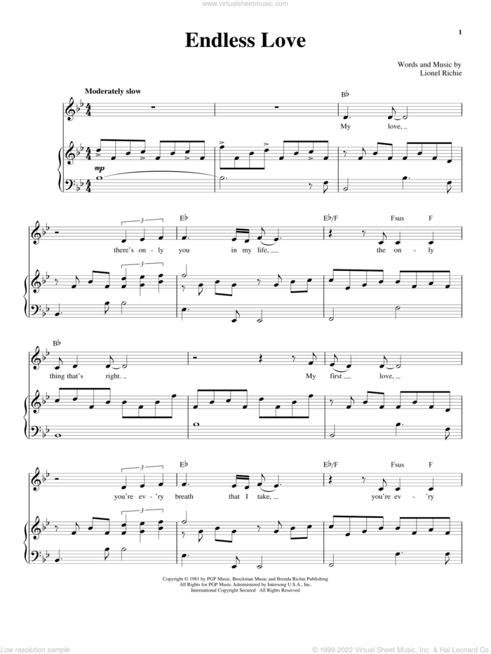 Endless Love sheet music for voice and piano by Lionel Richie & Diana Ross, Richard Walters, Diana Ross and Lionel Richie, wedding score, intermediate skill level