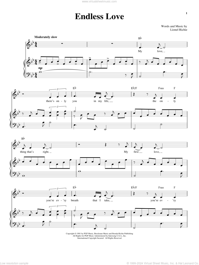 Endless Love sheet music for voice and piano by Lionel Richie & Diana Ross, Richard Walters, Diana Ross and Lionel Richie, wedding score, intermediate skill level