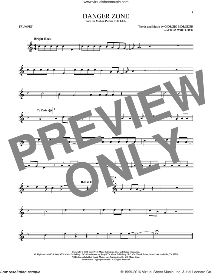 Danger Zone sheet music for trumpet solo by Kenny Loggins, Giorgio Moroder and Tom Whitlock, intermediate skill level