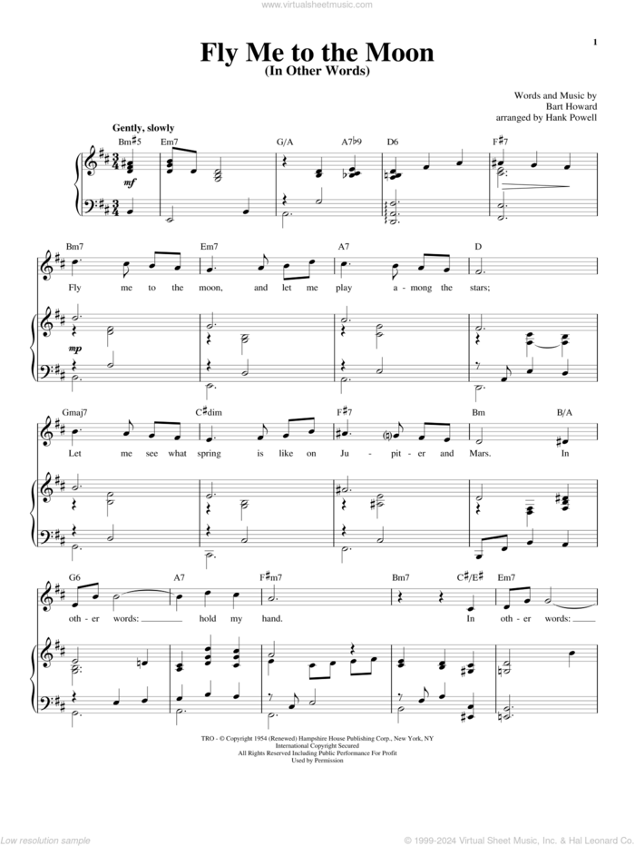 Fly Me To The Moon (In Other Words) sheet music for voice and piano by Frank Sinatra, Tony Bennett, Richard Walters and Bart Howard, wedding score, intermediate skill level