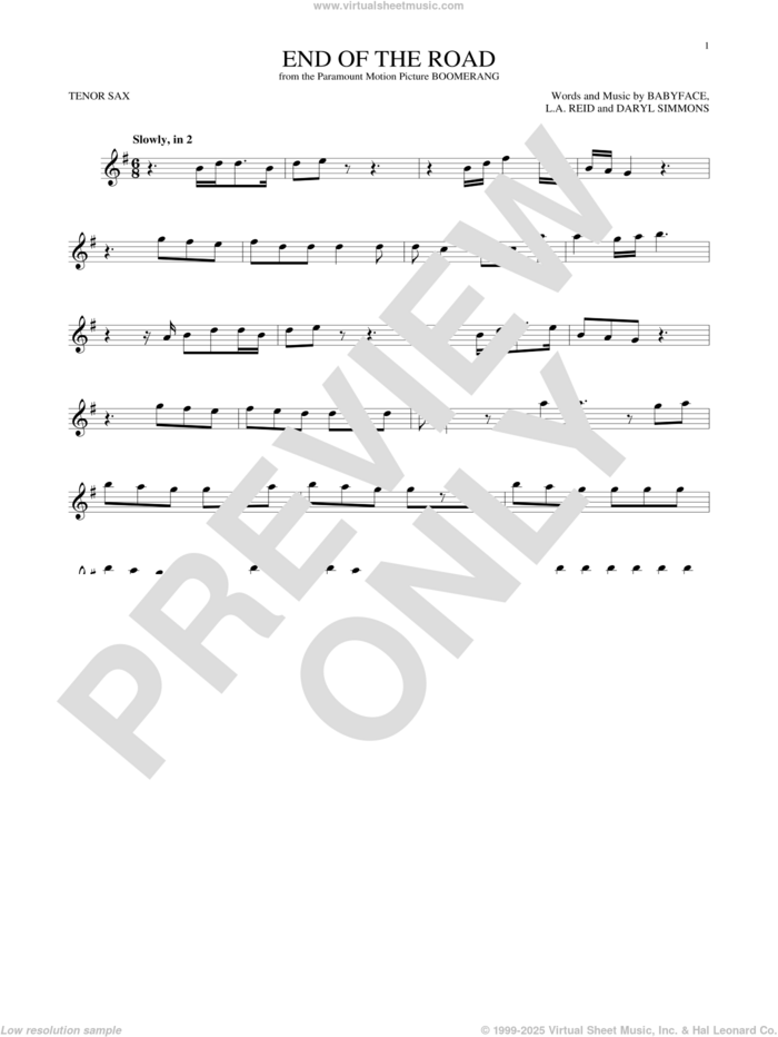 End Of The Road sheet music for tenor saxophone solo by Boyz II Men, Babyface, Daryl Simmons and L.A. Reid, intermediate skill level