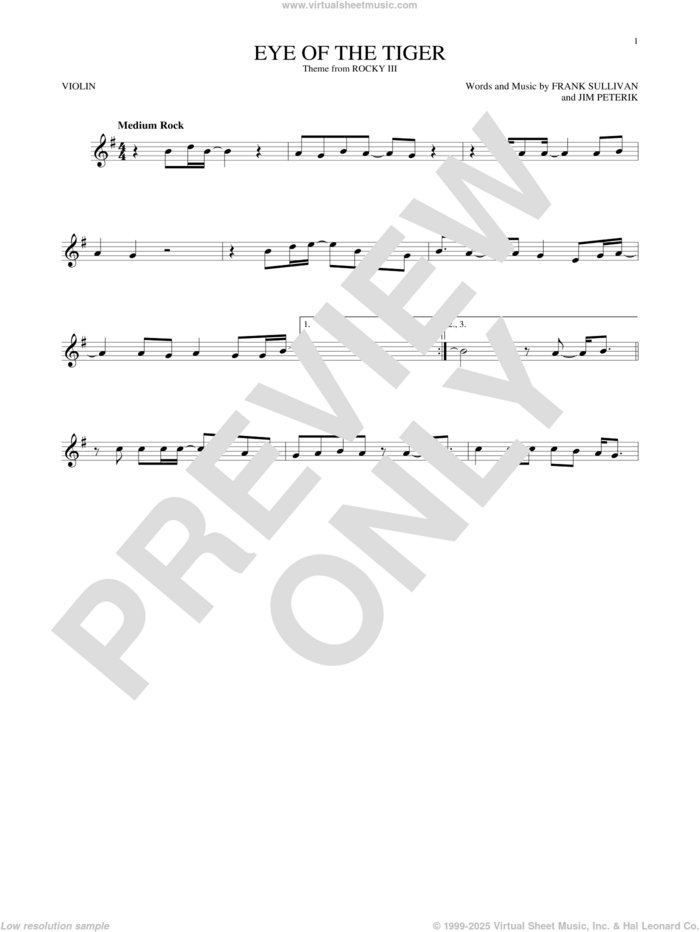 Eye Of The Tiger sheet music for violin solo by Survivor, Frank Sullivan and Jim Peterik, intermediate skill level