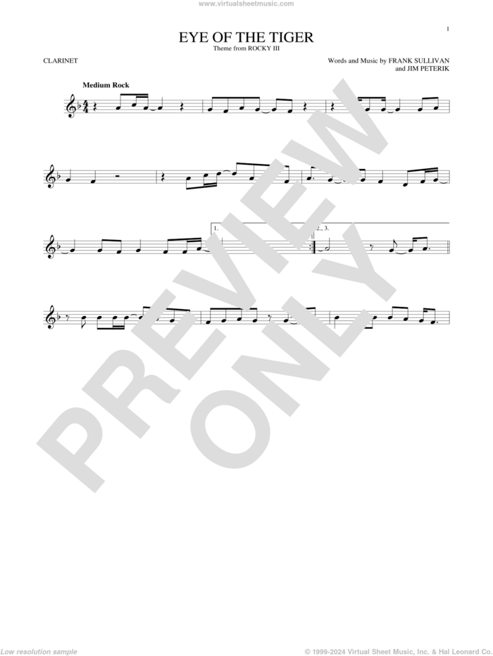 Eye Of The Tiger sheet music for clarinet solo by Survivor, Frank Sullivan and Jim Peterik, intermediate skill level