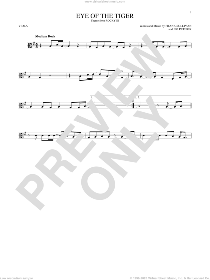 Eye Of The Tiger sheet music for viola solo by Survivor, Frank Sullivan and Jim Peterik, intermediate skill level