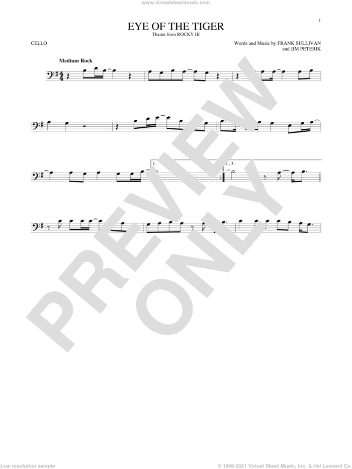Eye Of The Tiger sheet music for cello solo by Survivor, Frank Sullivan and Jim Peterik, intermediate skill level