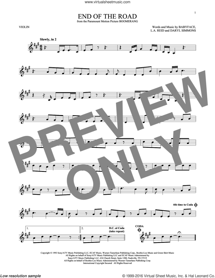 End Of The Road sheet music for violin solo by Boyz II Men, Babyface, DARYL SIMMONS and L.A. Reid, intermediate skill level