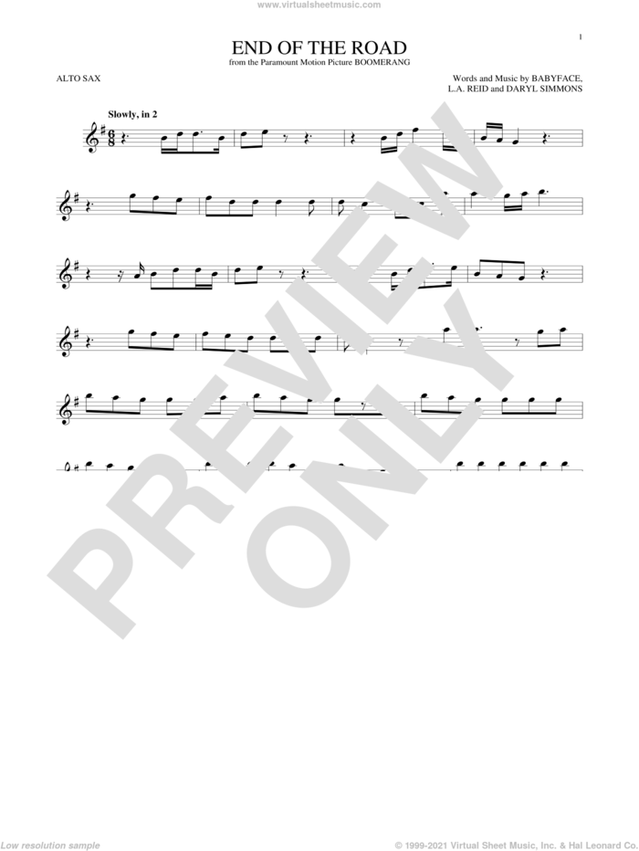End Of The Road sheet music for alto saxophone solo by Boyz II Men, Babyface, Daryl Simmons and L.A. Reid, intermediate skill level