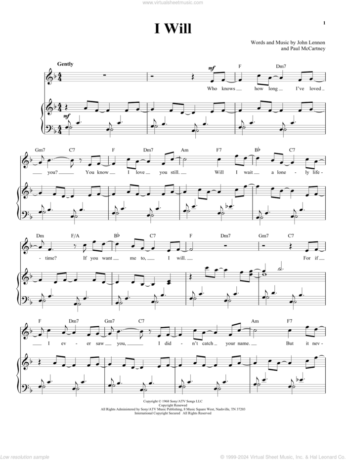 I Will sheet music for voice and piano by The Beatles, John Lennon and Paul McCartney, wedding score, intermediate skill level
