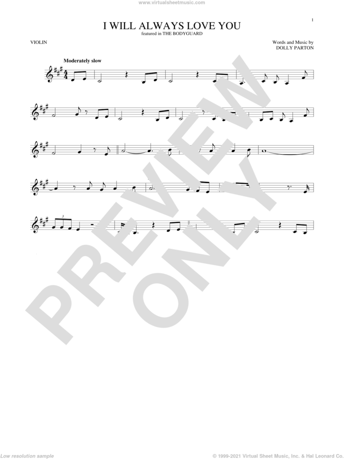 I Will Always Love You sheet music for violin solo by Whitney Houston and Dolly Parton, wedding score, intermediate skill level