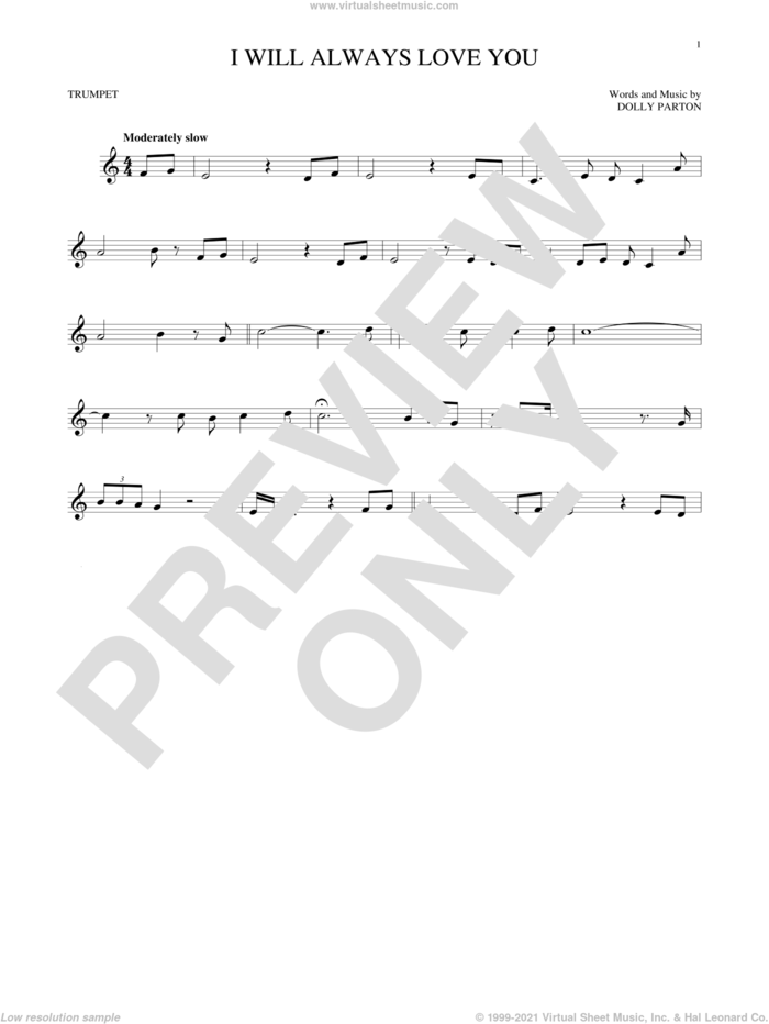 I Will Always Love You sheet music for trumpet solo by Whitney Houston and Dolly Parton, wedding score, intermediate skill level