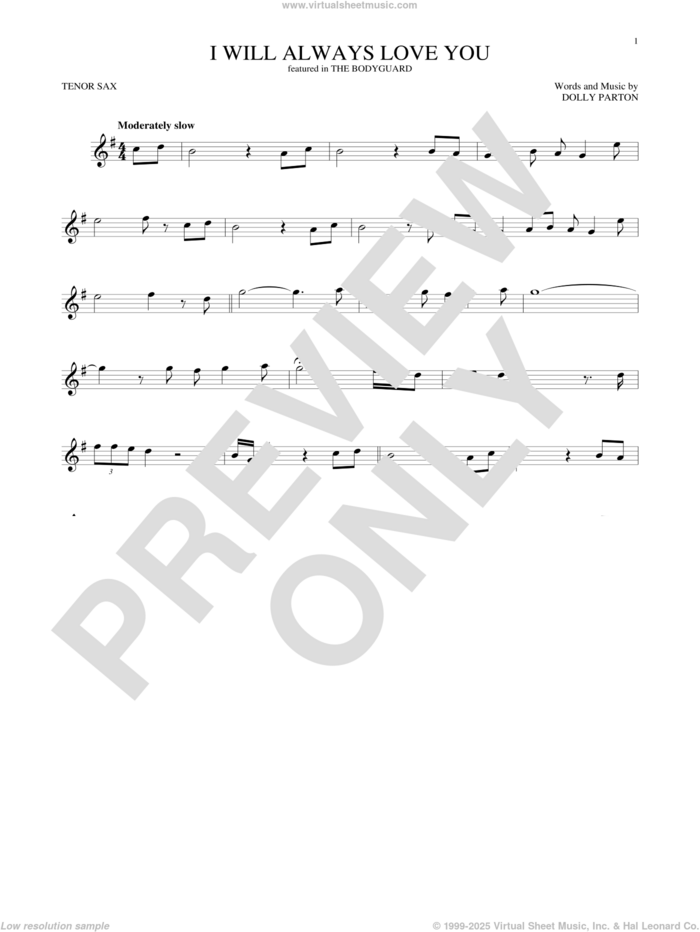 I Will Always Love You sheet music for tenor saxophone solo by Whitney Houston and Dolly Parton, wedding score, intermediate skill level