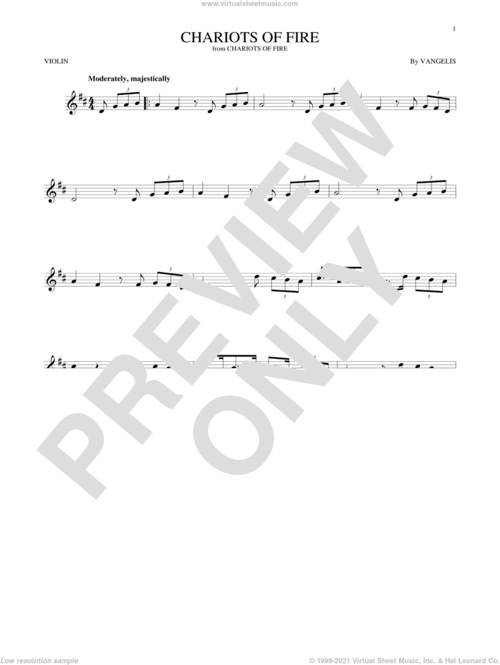 Chariots Of Fire sheet music for violin solo by Vangelis, intermediate skill level