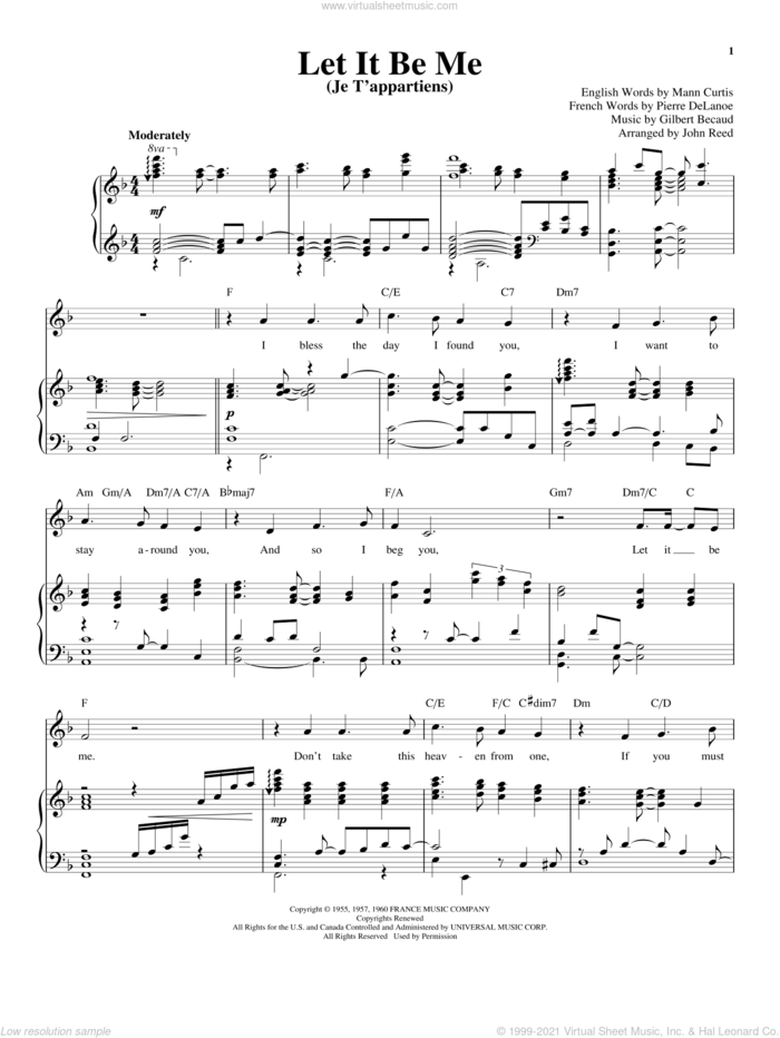 Let It Be Me (Je T'appartiens) sheet music for voice and piano by Elvis Presley, Gilbert Becaud, Mann Curtis and Pierre Delanoe, wedding score, intermediate skill level