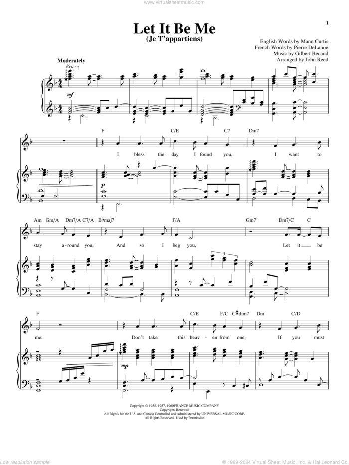 Let It Be Me (Je T'appartiens) sheet music for voice and piano by Elvis Presley, Gilbert Becaud, Mann Curtis and Pierre Delanoe, wedding score, intermediate skill level