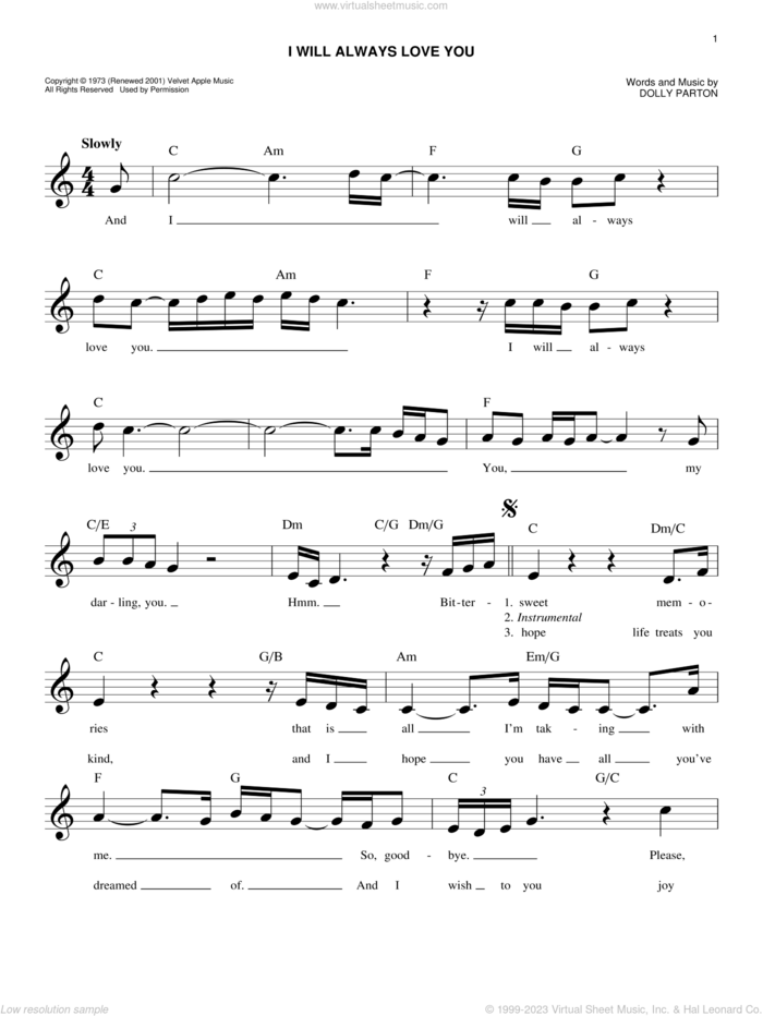 I Will Always Love You sheet music for voice and other instruments (fake book) by Whitney Houston and Dolly Parton, wedding score, easy skill level