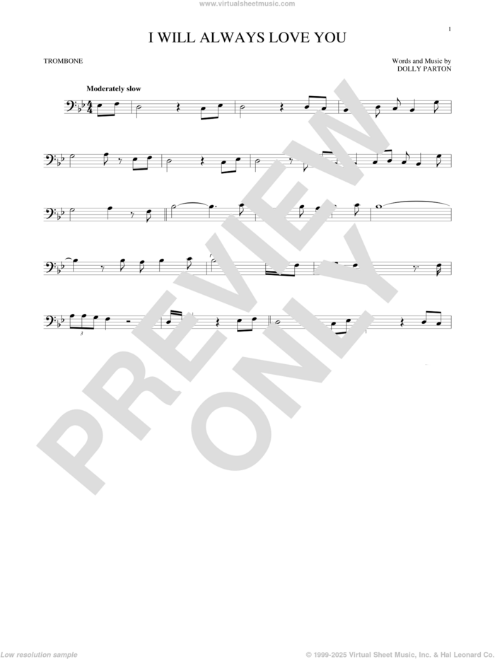 I Will Always Love You sheet music for trombone solo by Whitney Houston and Dolly Parton, wedding score, intermediate skill level