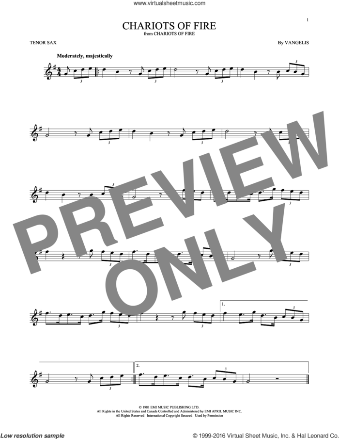 Chariots Of Fire sheet music for tenor saxophone solo by Vangelis, intermediate skill level