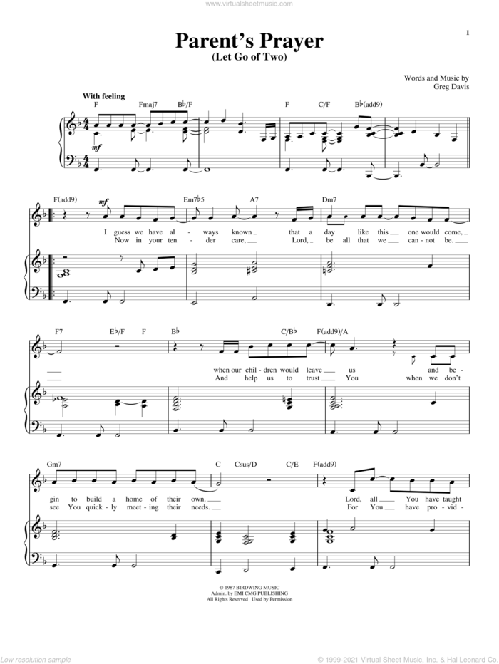 Parent's Prayer (Let Go Of Two) sheet music for voice and piano by Greg Davis and Richard Walters, wedding score, intermediate skill level