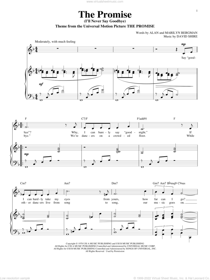 The Promise (I'll Never Say Goodbye) sheet music for voice and piano by Alan Bergman, Richard Walters, David Shire and Marilyn Bergman, wedding score, intermediate skill level