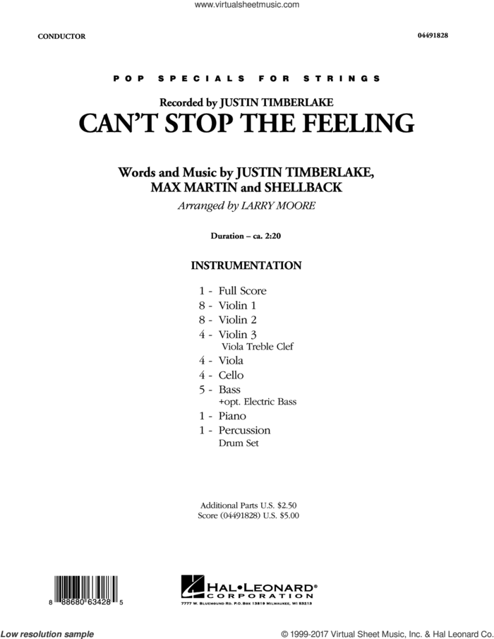 Can't Stop the Feeling (COMPLETE) sheet music for orchestra by Max Martin, Johan Schuster, Justin Timberlake, Larry Moore and Shellback, intermediate skill level