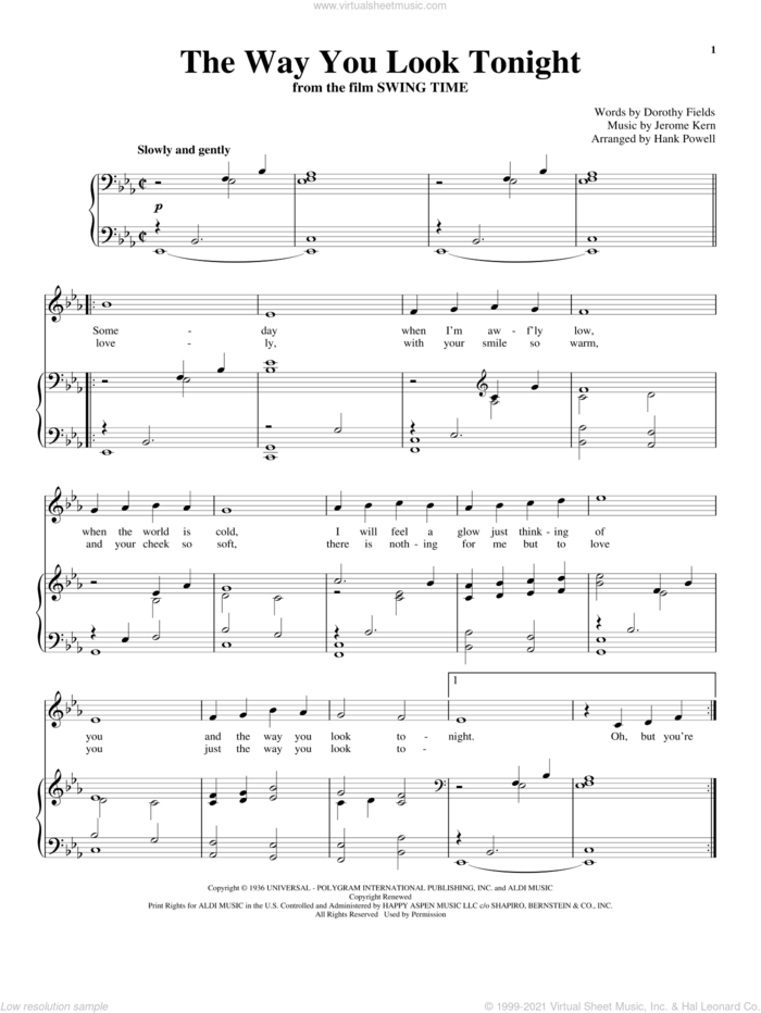 The Way You Look Tonight sheet music for voice and piano by Jerome Kern and Dorothy Fields, wedding score, intermediate skill level