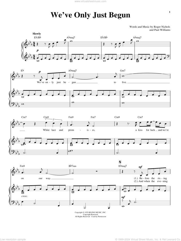 We've Only Just Begun sheet music for voice and piano by Carpenters, Paul Williams and Roger Nichols, wedding score, intermediate skill level