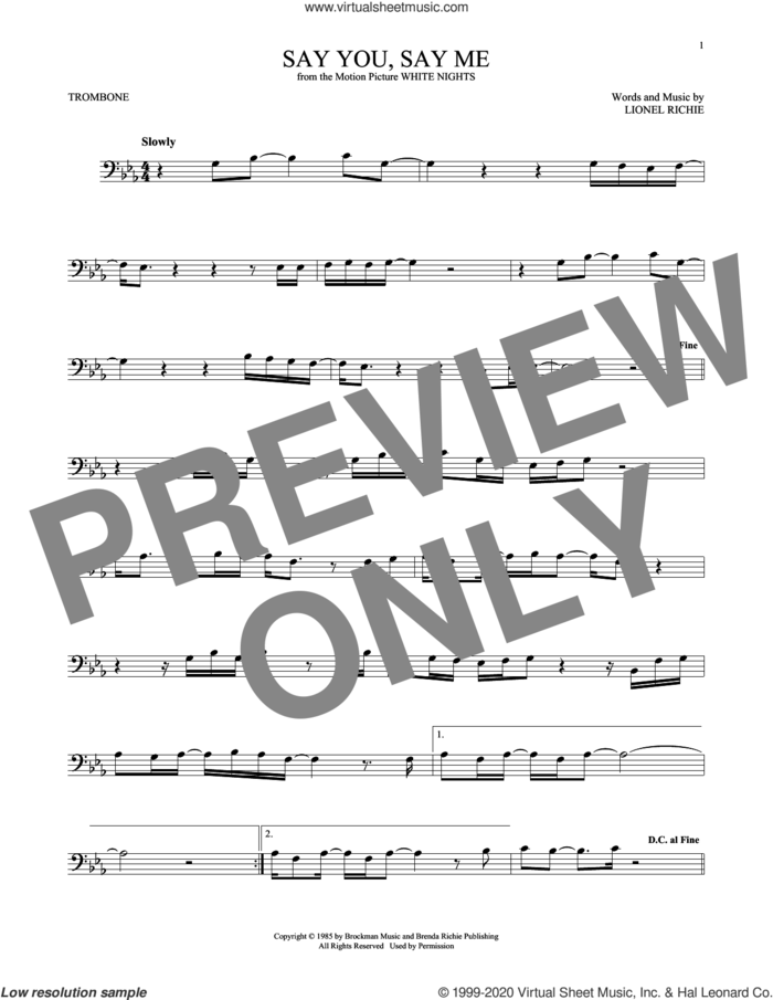 Say You, Say Me sheet music for trombone solo by Lionel Richie, intermediate skill level